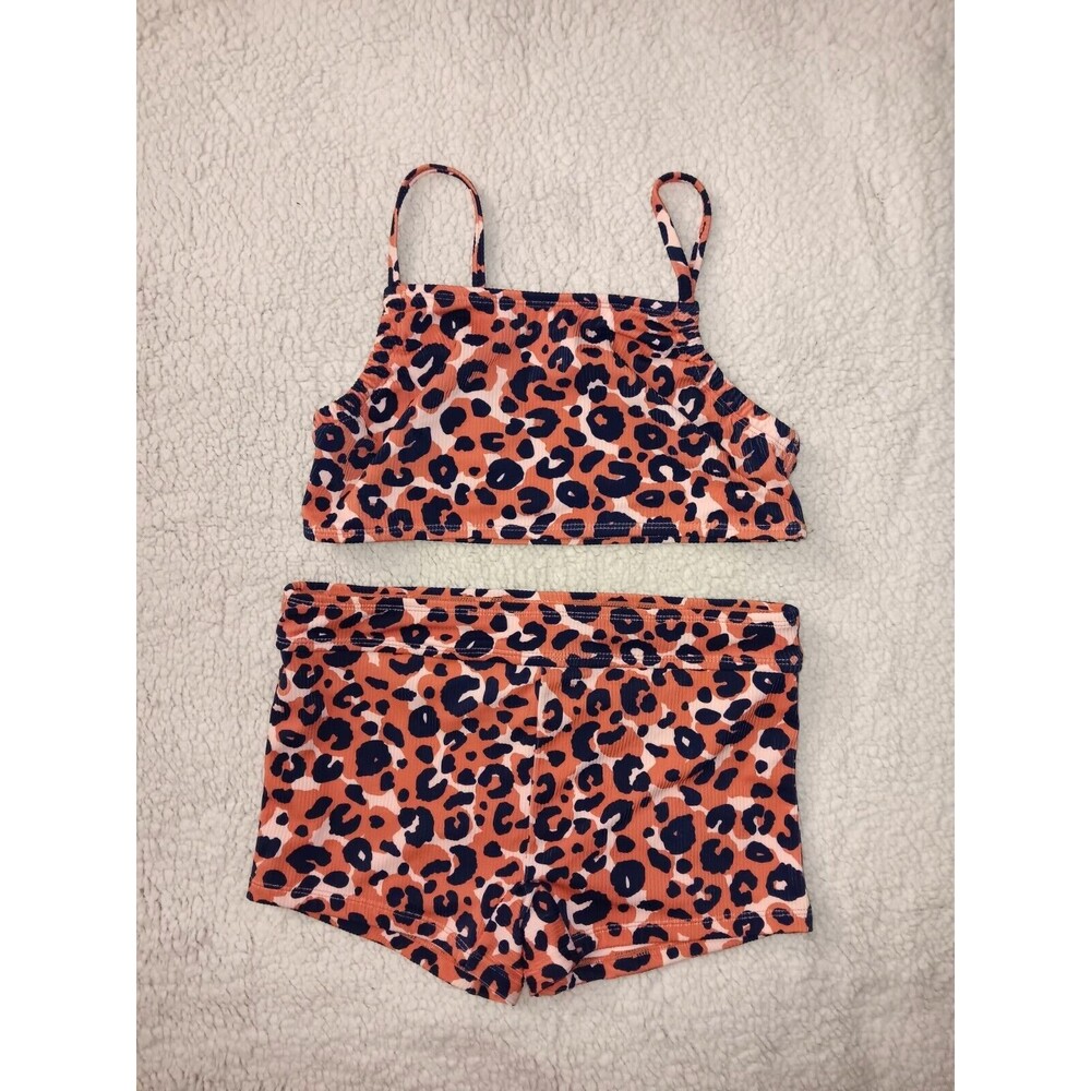 Cat & Jack Girls 2 Piece Boy Shorts Swimsuit Size XL (14) Orange Blue